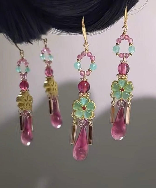 Vintage Colorblock Copper Floral Water Drop Tassel Drop Earrings