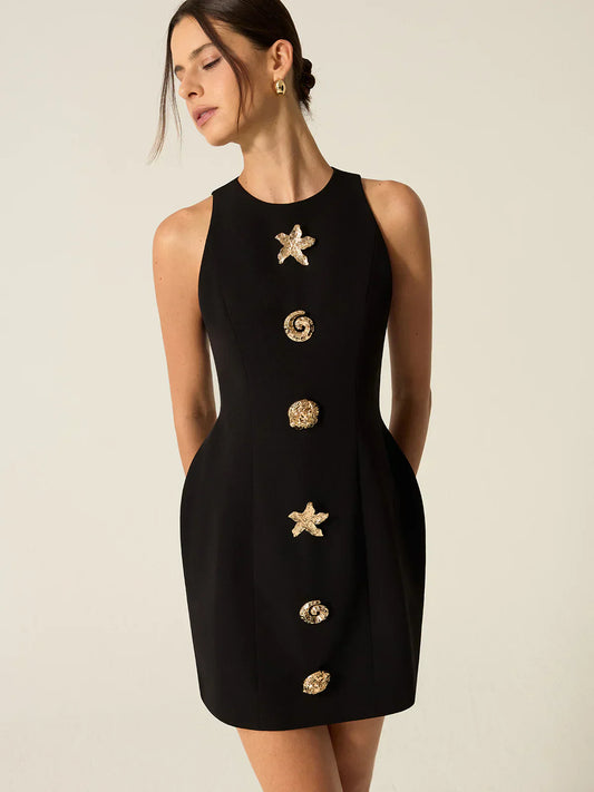 Metal-Button High-Neck Short Dress