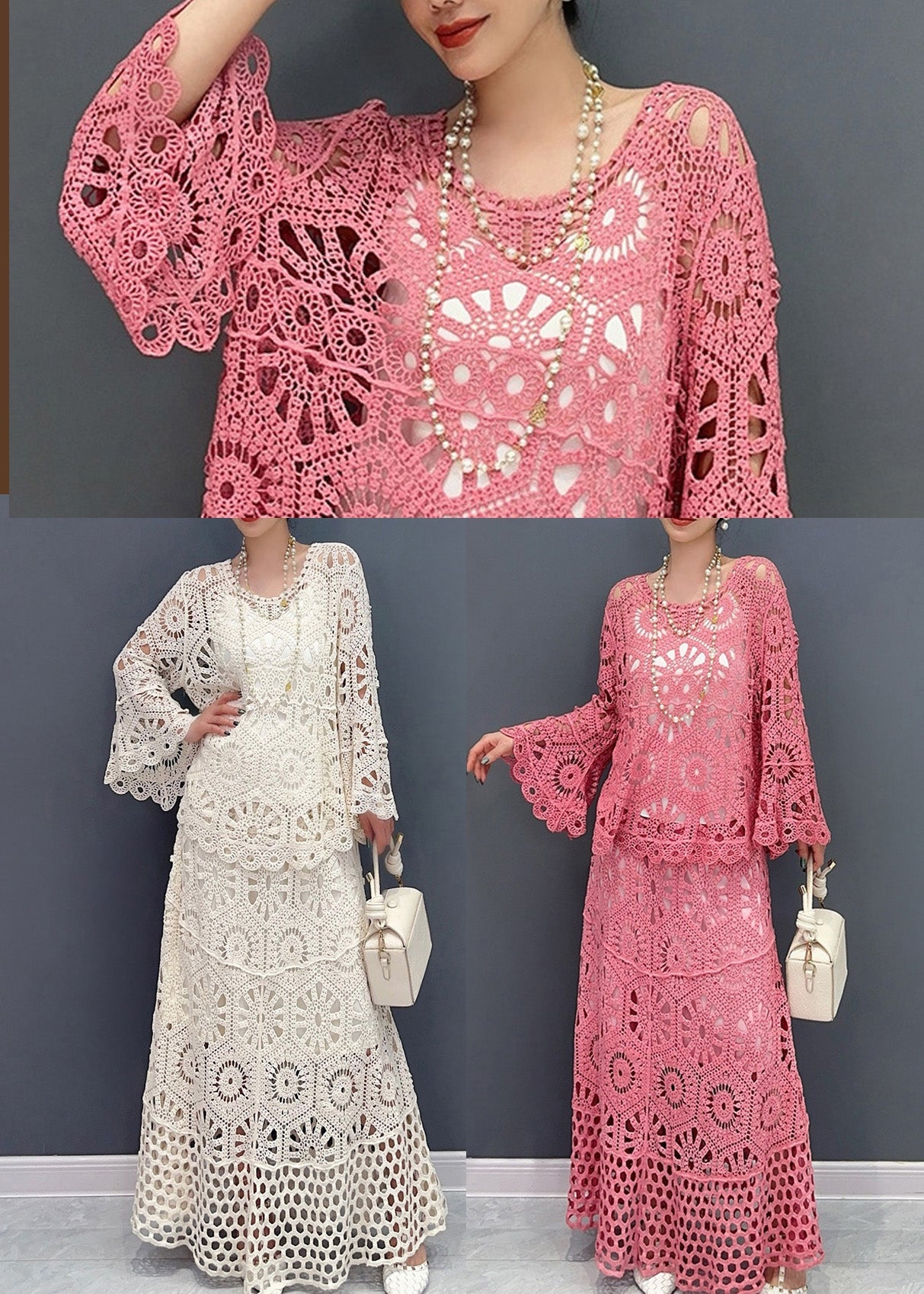 Women White Hollow Out Knit Two Piece Set Outfits Summer