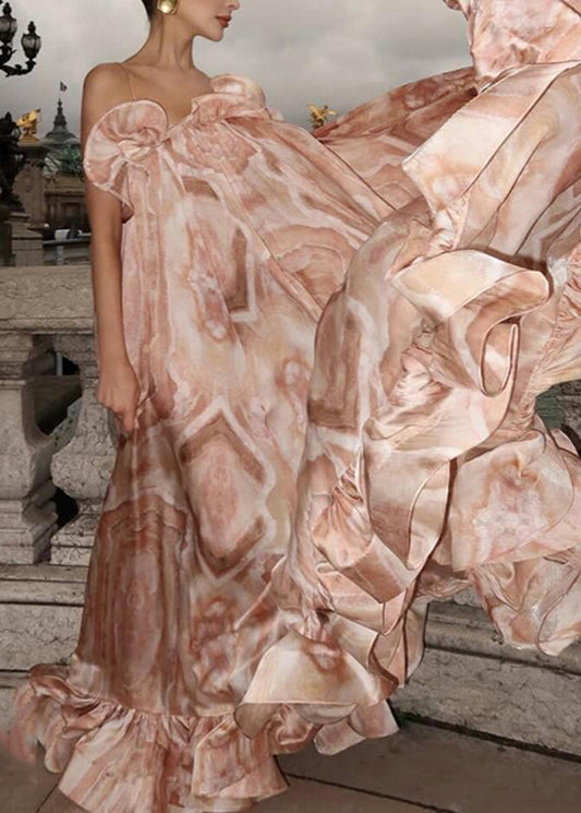 Dinner Pink Slash Neck Ruffled Patchwork Maxi Dress Summer