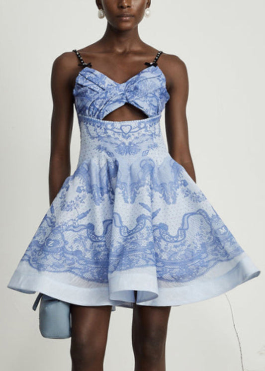 Elegant Blue Print Hollow Out Cotton Spaghetti Strap Dress Sleeveless