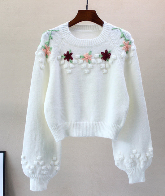 Sweet white flowers long sleeve sweater 081
