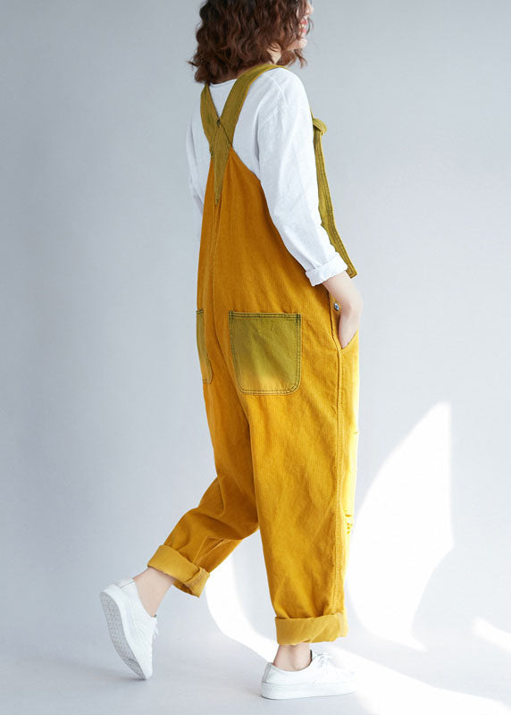 Bohemian Yellow pockets Corduroy ripped Jumpsuits