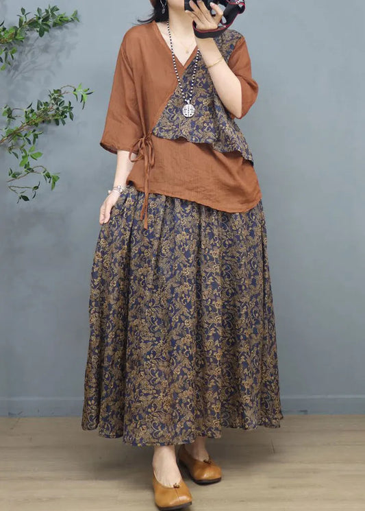 New Khaki Print Patchwork Tops And Skirts Cotton Two Pieces Set Summer