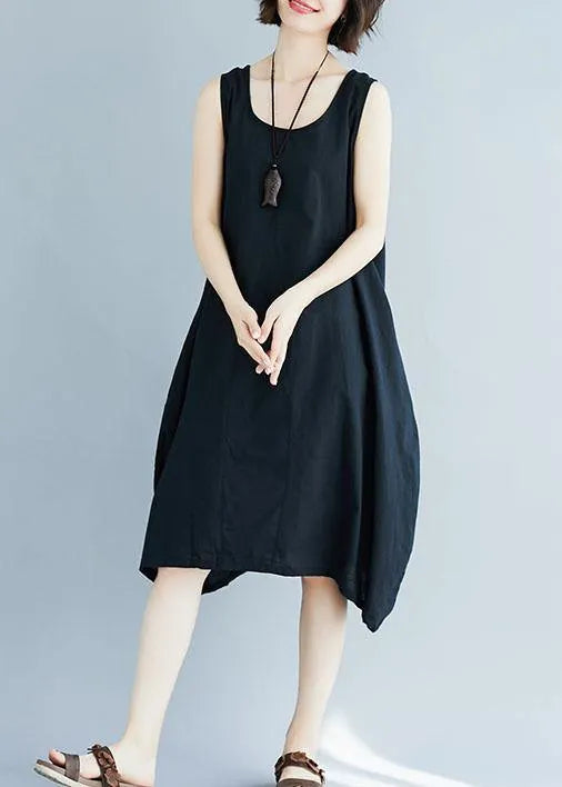 Chic black o neck linen quilting dresses sleeveless Plus Size Clothing summer Dress
