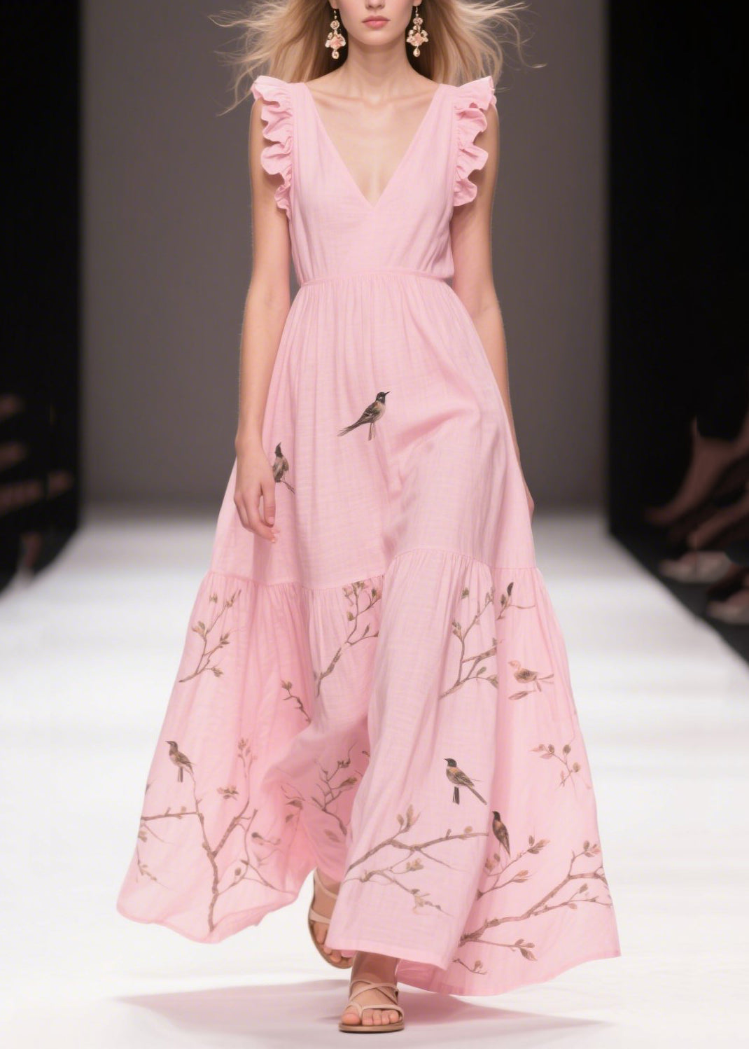 Elegant Pink Print Cotton Holiday Dress Butterfly Sleeve