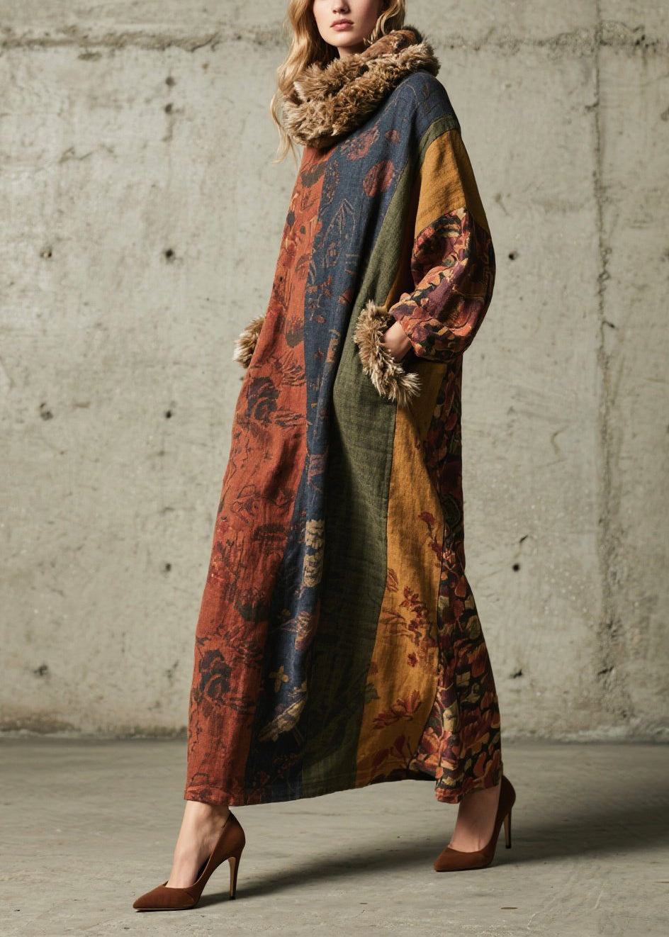 Vintage Print Patchwork Faux Fur Maxi Dresses Fall
