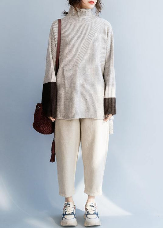 For beige knitted top plus size high neck knit wear front open