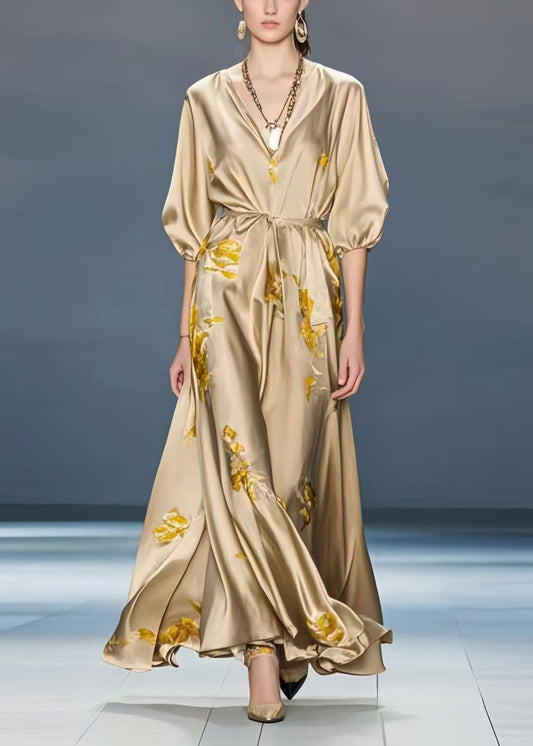 French Khaki Print Draping Silk Party Dress Summer