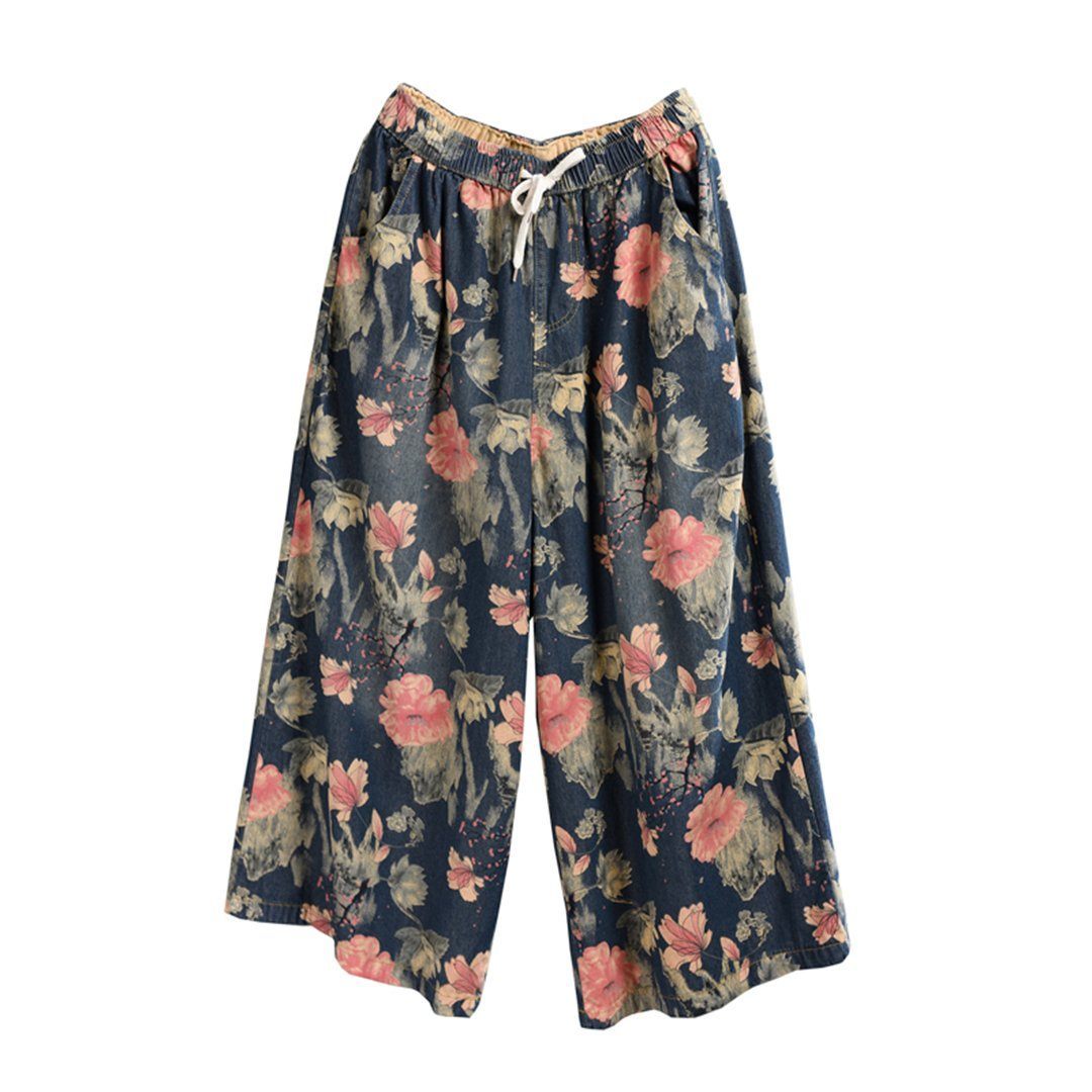Floral Cropped Wide Leg Denim Pants