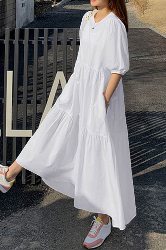 Casual Solid Patchwork Buttons O Neck Cake Dresses