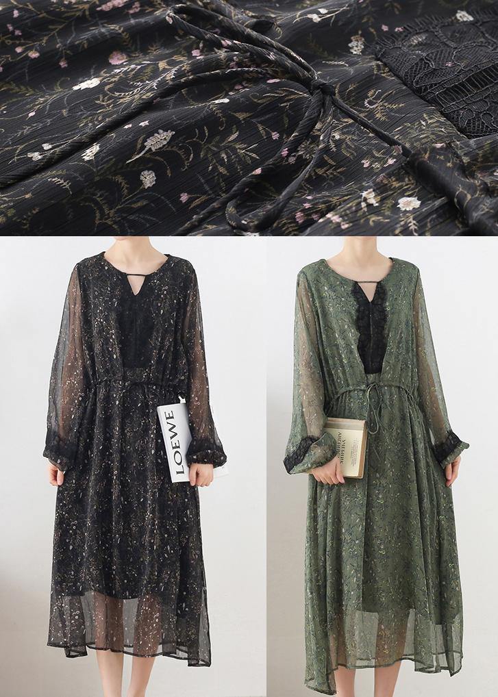 French Green Print Chiffon Patchwork Summer Vacation Dresses