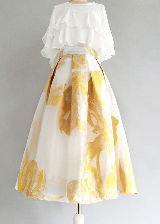 Women Yellow Wrinkled Patchwork Embroideried Tulle Skirt Summer