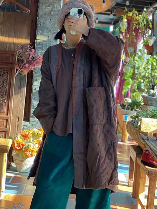 Women Linen Retro Print Pocket Long Sleeve Coat