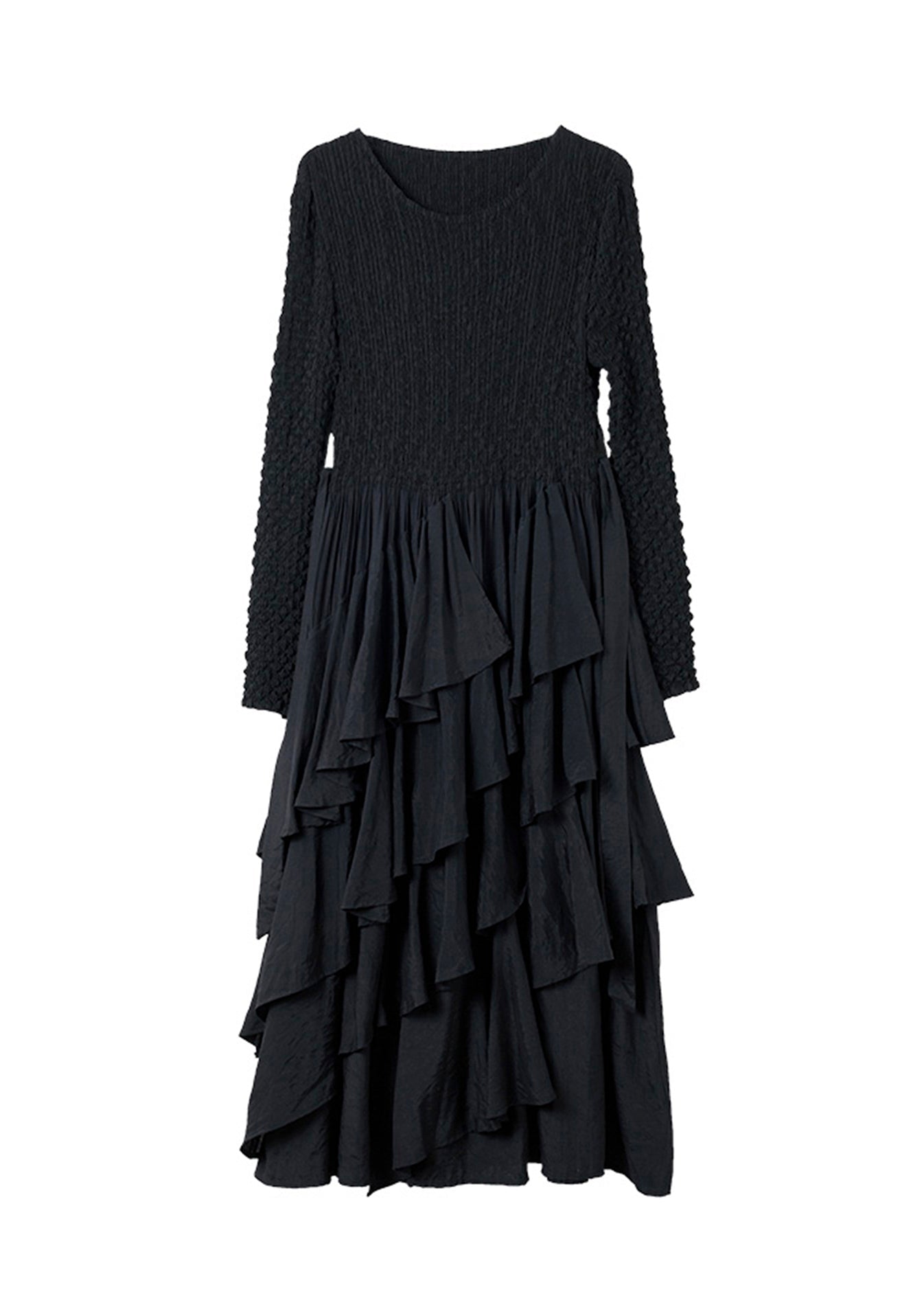 Women Black O Neck Ruffled Patchwork Cotton Dresses Spring