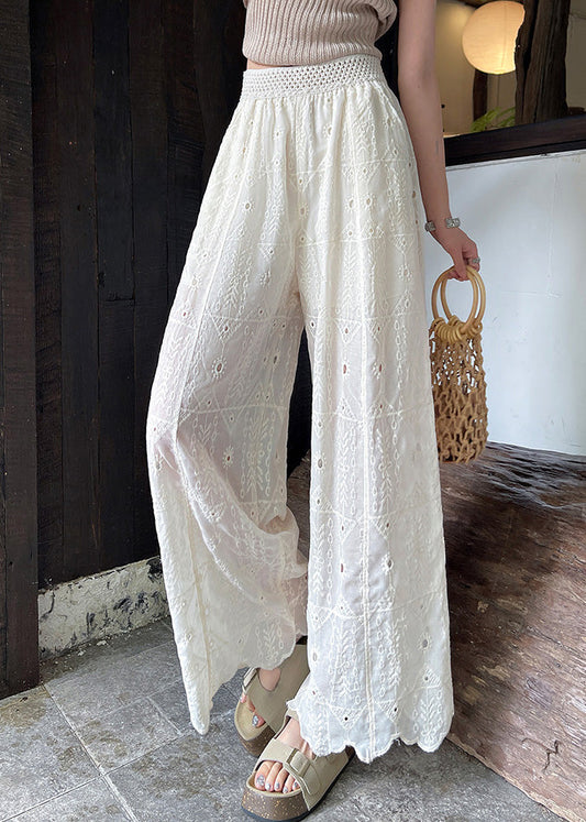 Boho White Embroidered Hollow Out Cotton Pants Summer