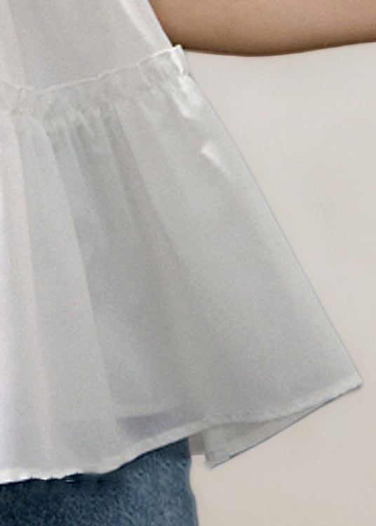 Elegant White O-Neck Ruffled Cotton Tanks Sleeveless