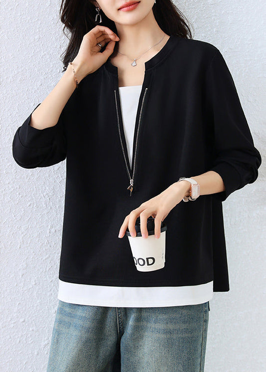 Women Black Zip Up Patchwork Cotton Fake Two Piece Sweatshirts Top Fall