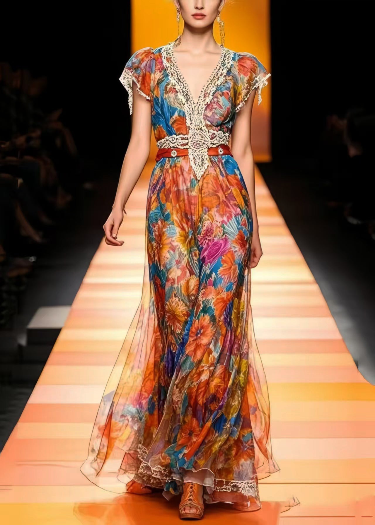 Modern Cinched Floral Print Chiffon Long Dresses Summer