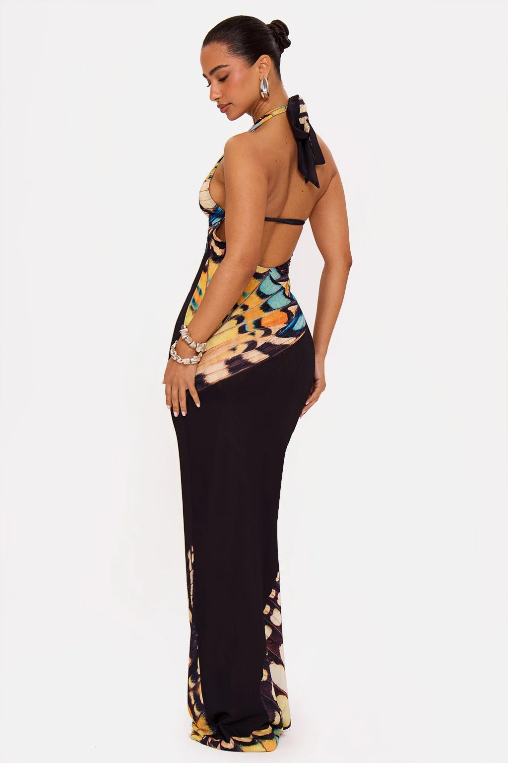 Butterfly Print Halter Lace-Up Open Back Bodycon Maxi Dress