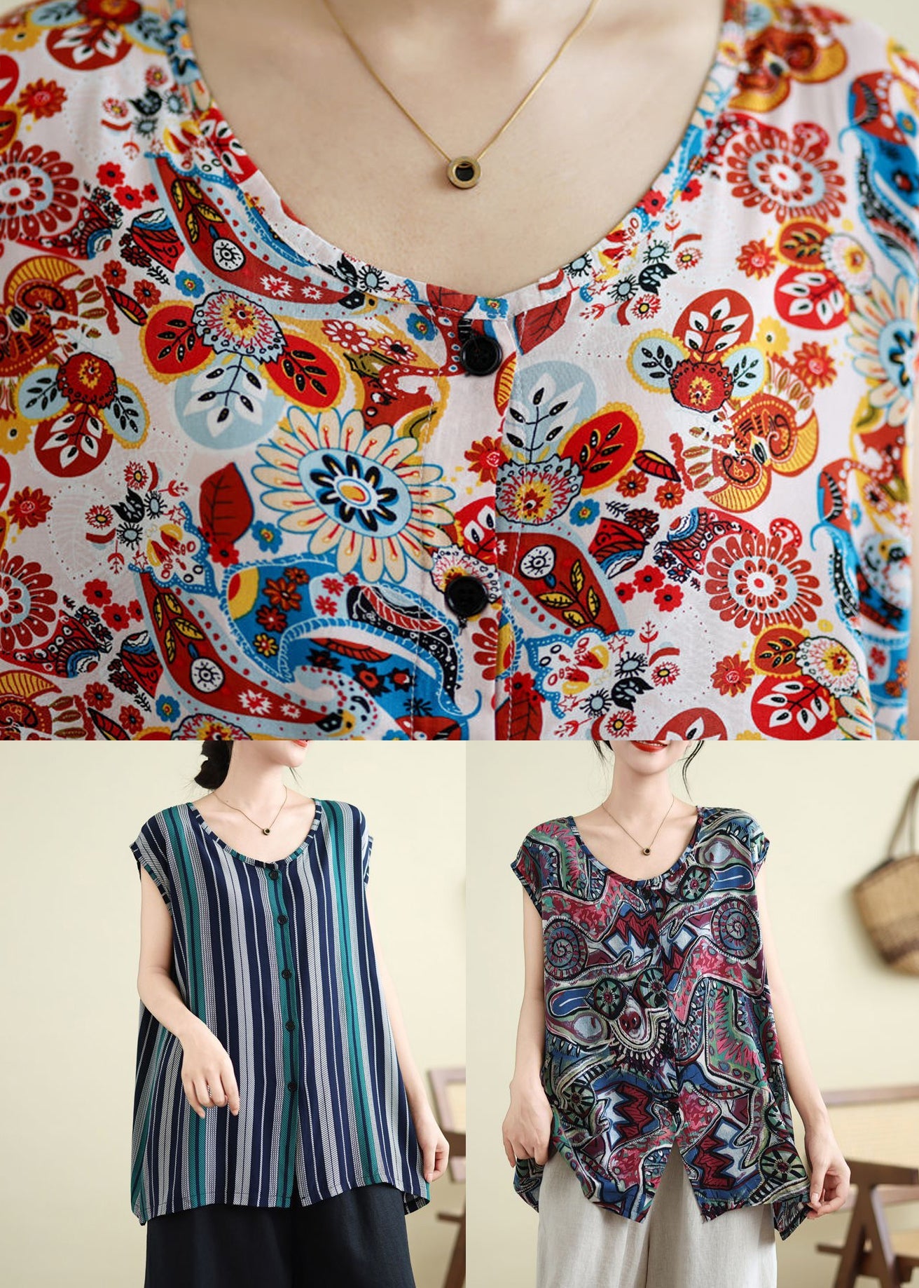 Plus Size Blue Print Casual Tops Summer