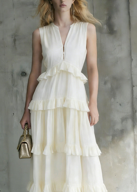 Italian White Ruffled Patchwork Cotton Long Dresses Summer