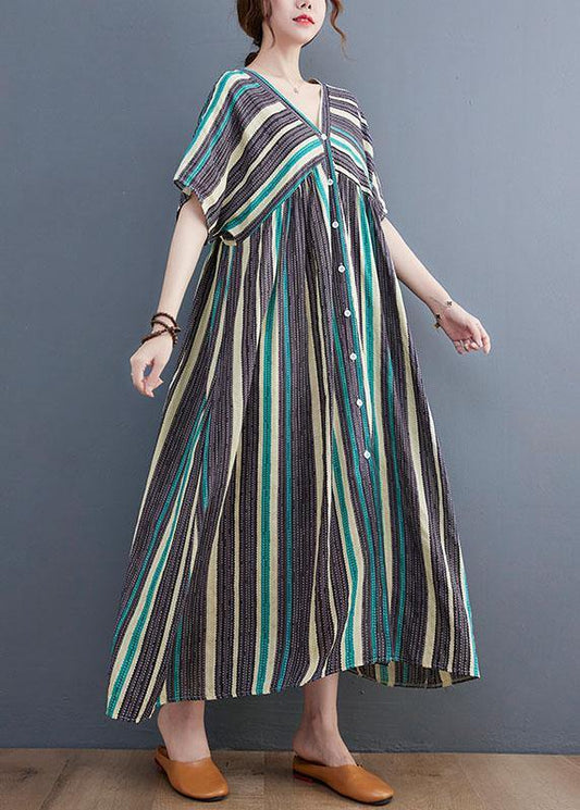 Fashion Orange Striped V Neck Patchwork Holiday Cotton Linen Dress