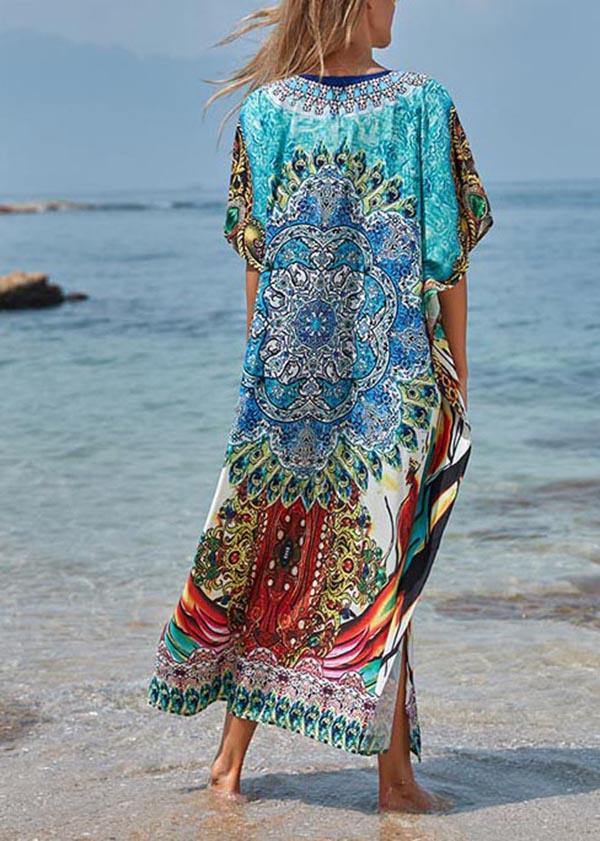 Elegant Blue Print Cotton V Neck Beach Gown Ankle Dress