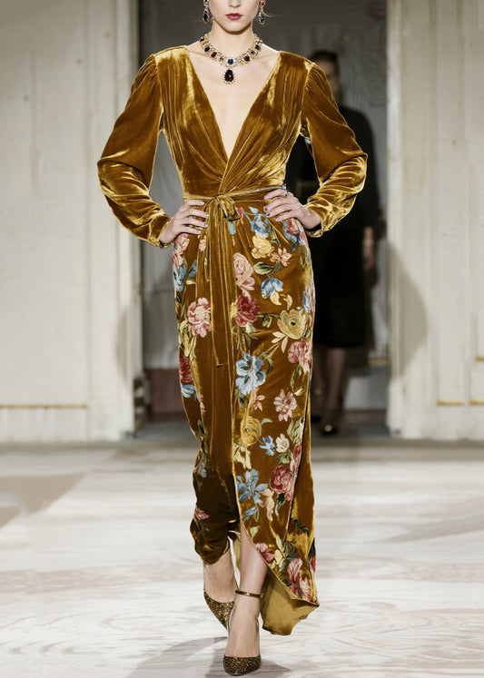Elegant Yellow V Neck Print Velvet Maxi Dresses Fall