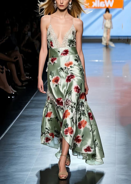 Green Floral Silk Vestidos Dresses Exra Large Hem Summer