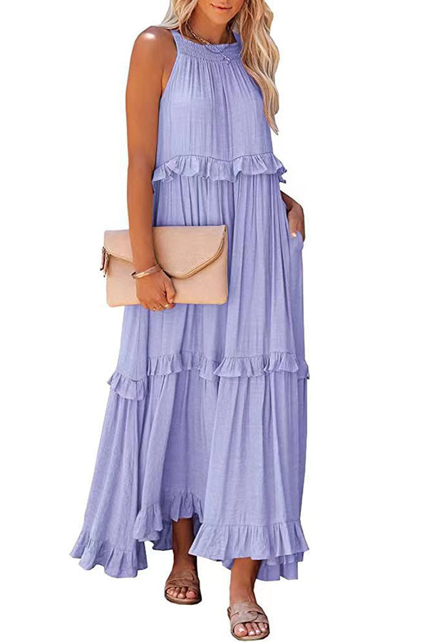 Blue Vittoria Shirred Ruffle Tiered Maxi Halter Dress