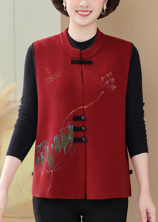Vintage Red Embroidered Floral Knit Waistcoat Sleeveless