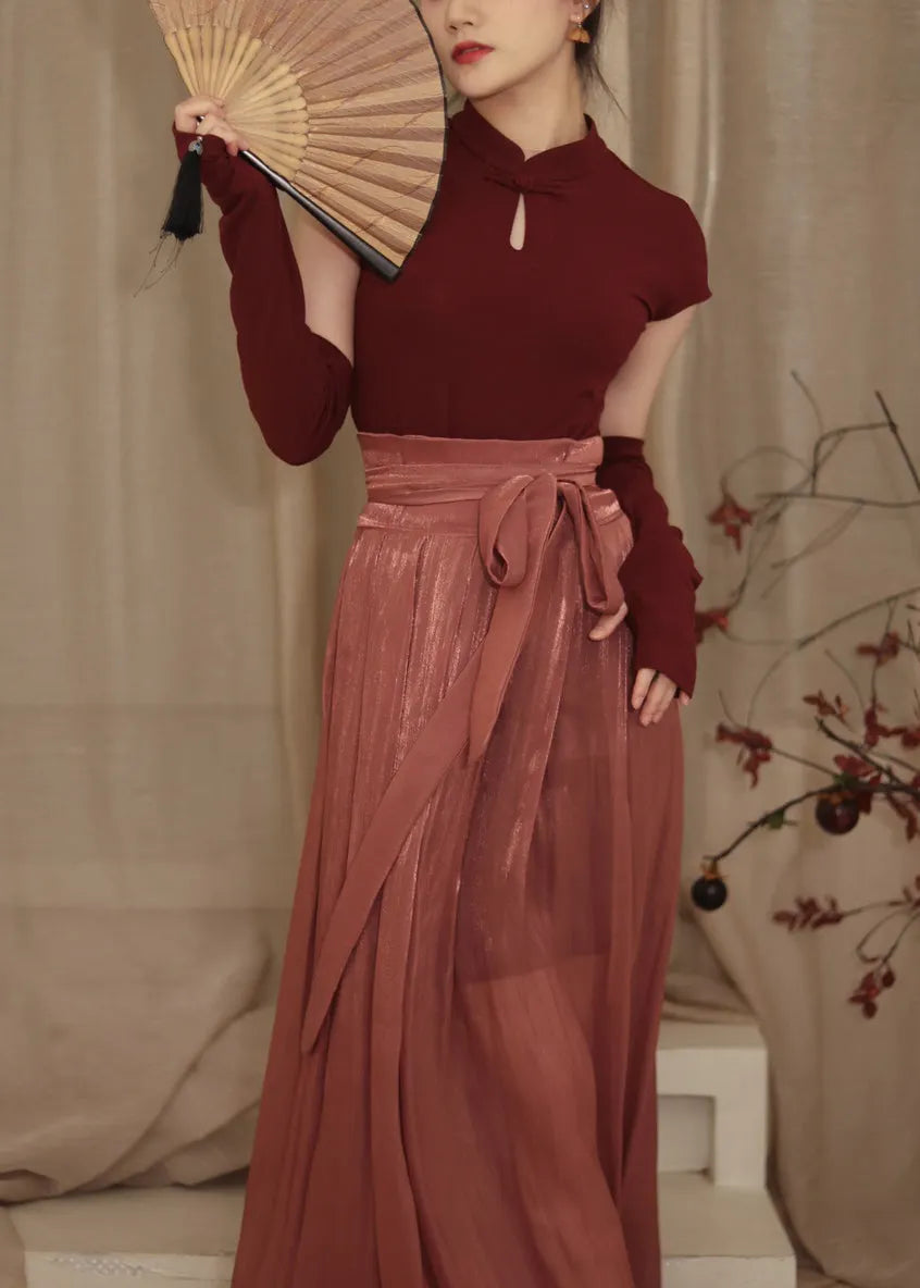 Beautiful Red Stand Collar Button Top And Maxi Skirts Two Piece Set Spring