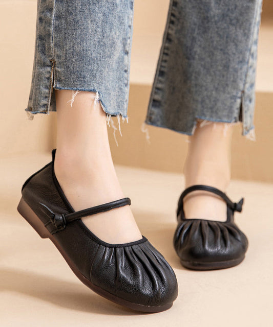 Brown Comfy Cowhide Leather Women Splicing Flat Shoes Wrinkled
