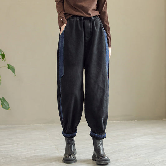 Women Winter Retro Patchwork Fur Jeans
