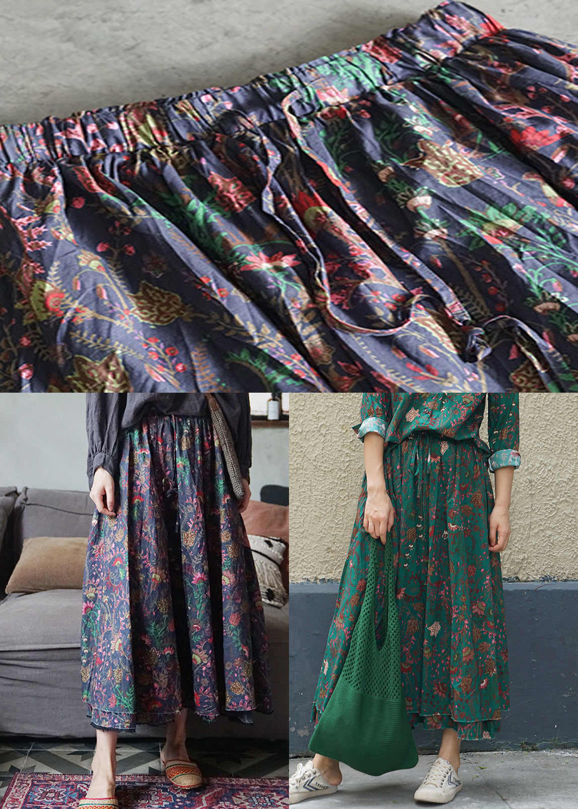 Green Print Cotton A Line Skirts double-deck Spring