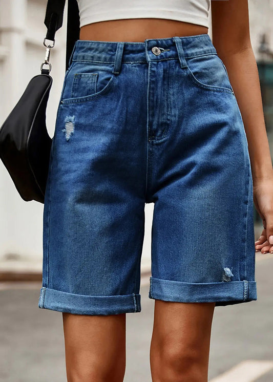 Denim Blue Button Denim Summer Shorts High Waist