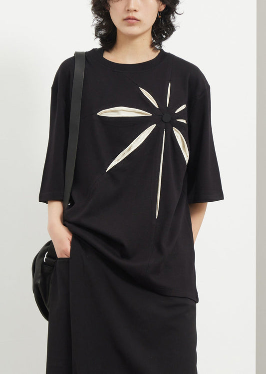 Casual Black O-Neck Print T Shirt Summer