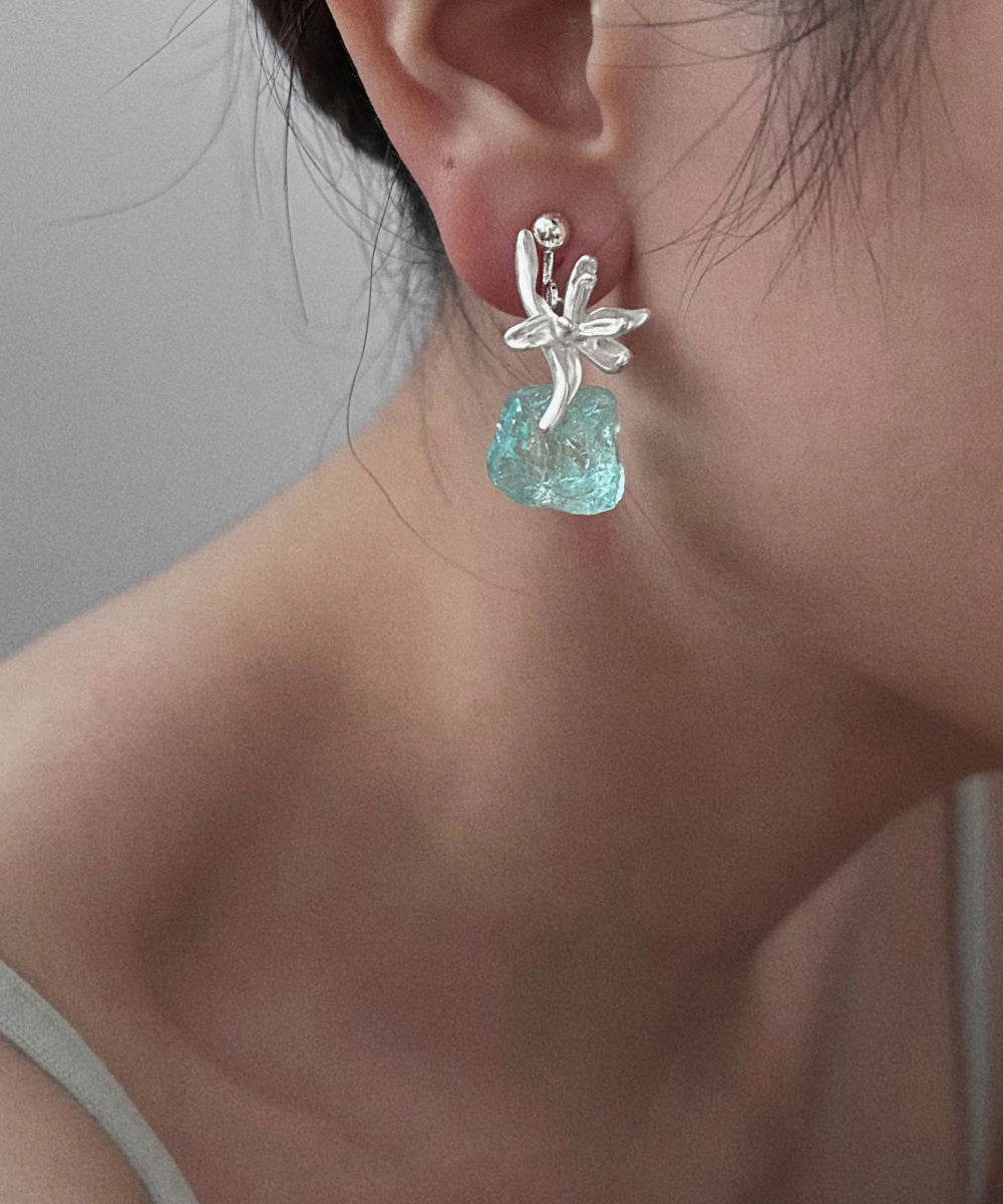 Original Light Blue Sterling Silver Floral Gem Stone Drop Earrings