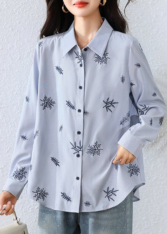 Boho Blue Embroidered Striped Cotton Top Fall
