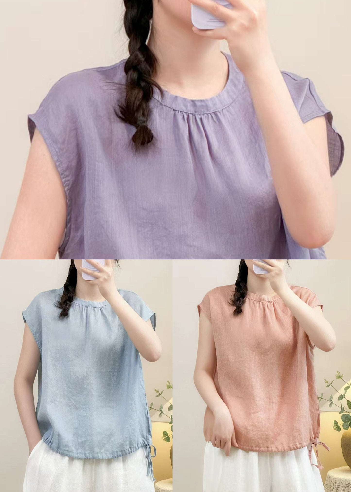 Women Blue Button Lace Up Solid Linen Shirts Summer
