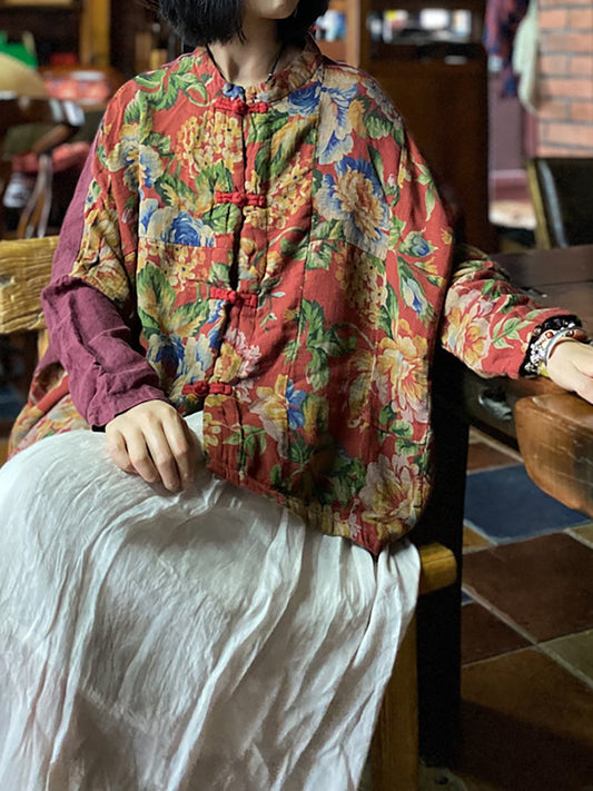 Vintage Floral Colorblock Loose Women Shirt