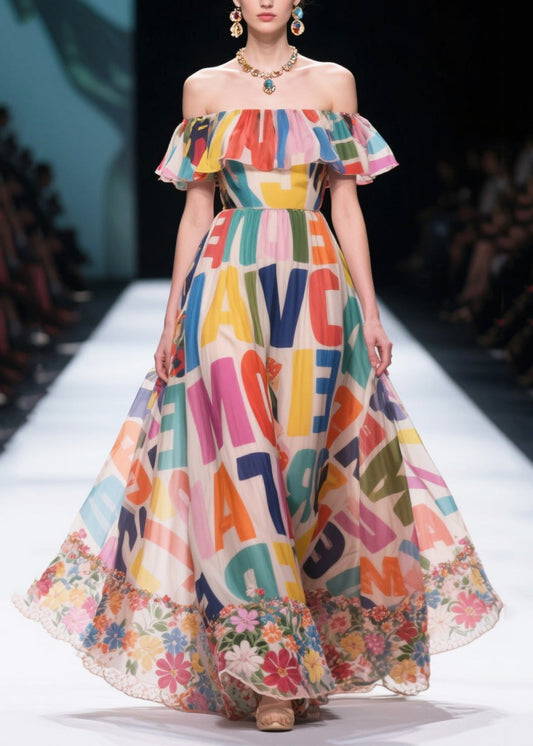 Fitted Multicolour Letter Print Exra Large Hem Chiffon Strapless Dress Summer