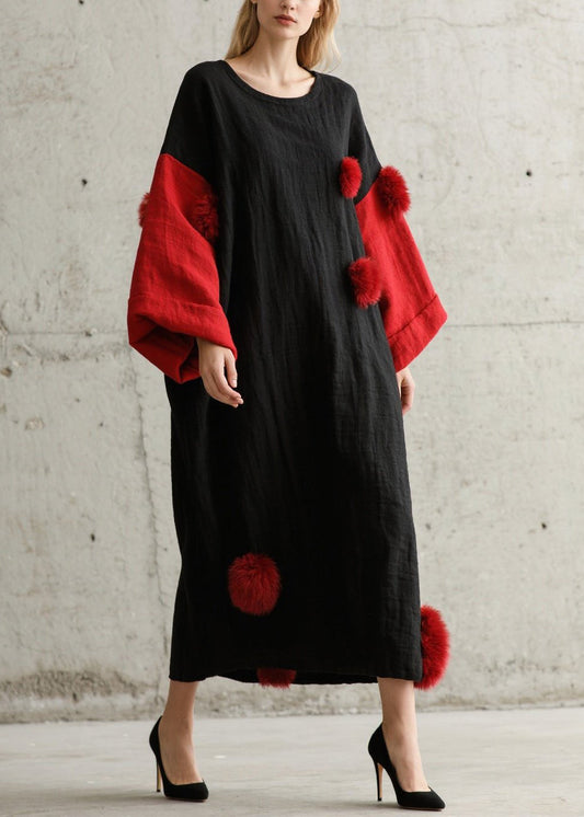 Vintage Black Oversized Patchwork Fuzzy Ball Decorated Long Dress Fall