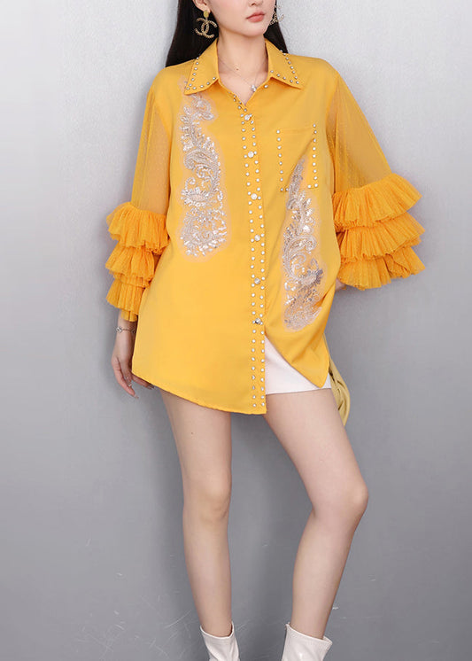 Handmade Yellow Embroidered Rhinestone Chiffon Shirt Tops
