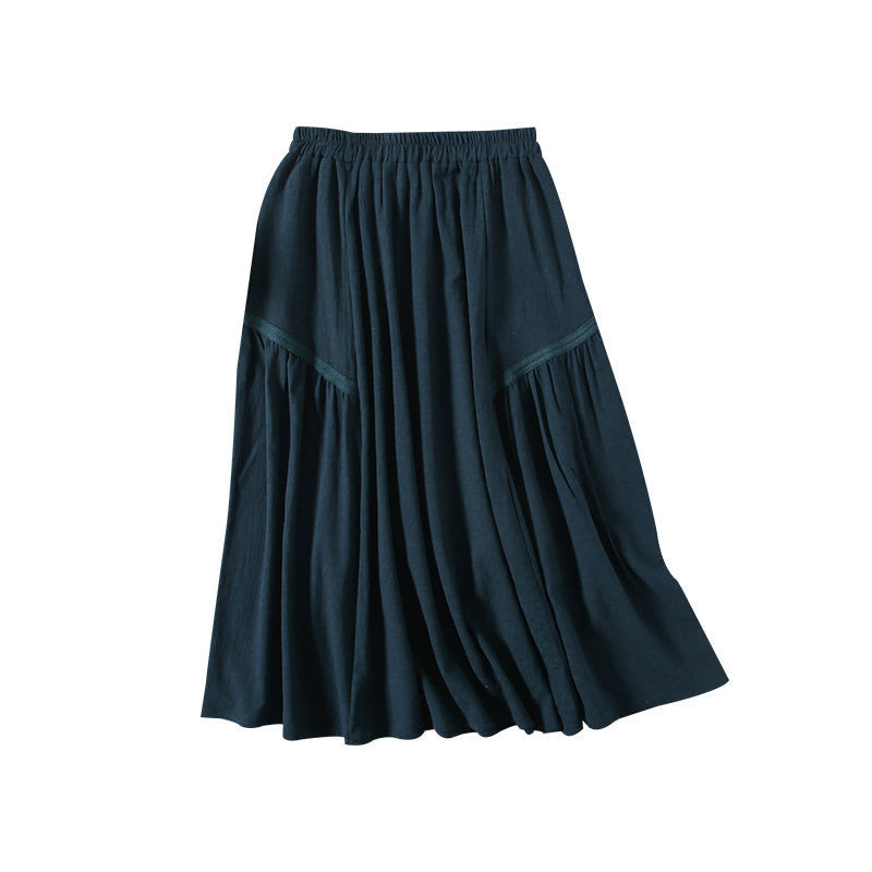 Women Retro Cotton Linen Autumn Pleated Skirt