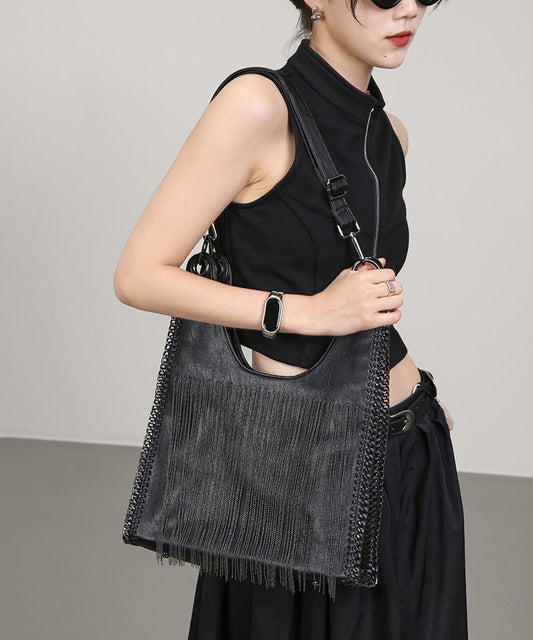 Stylish Black Tasseled Chain Linked Faux Leather Flap Bag