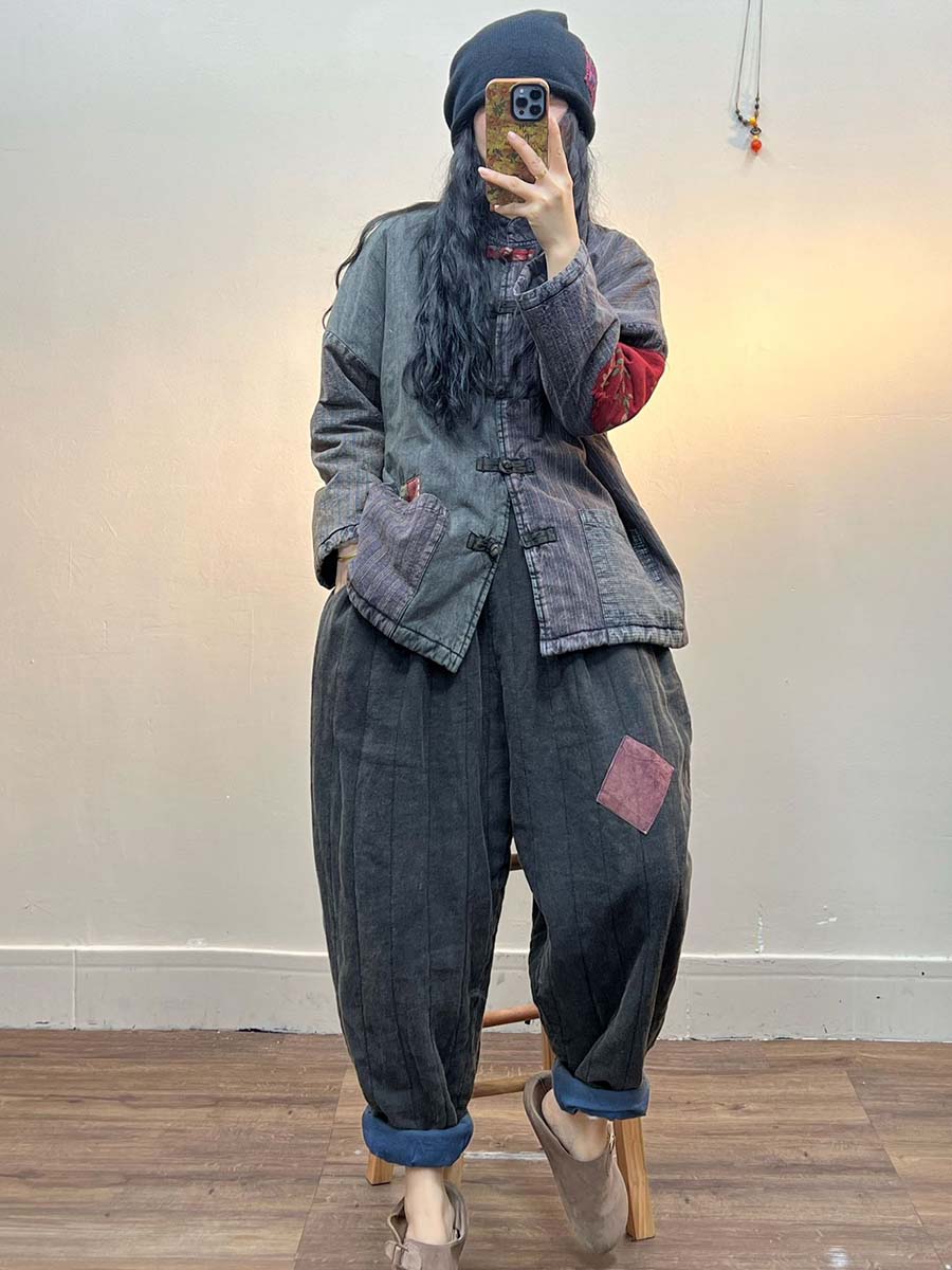 Women Irregular Print Chinese Style Cotton Coat