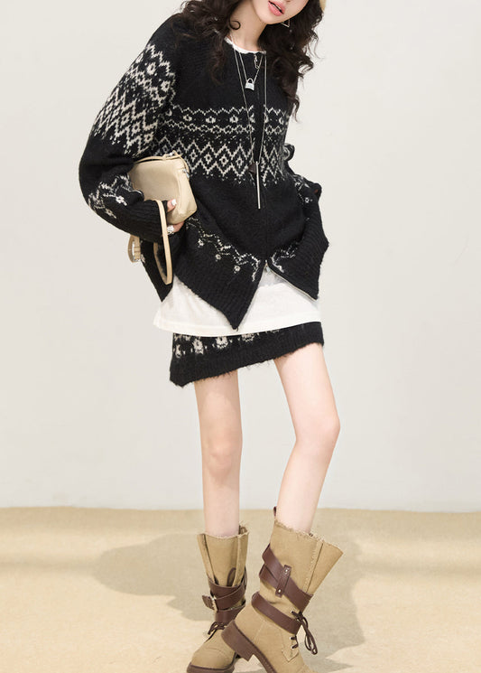 Plus Size Black Oversized Print Knit Two Piece Set Women Clothing Spring