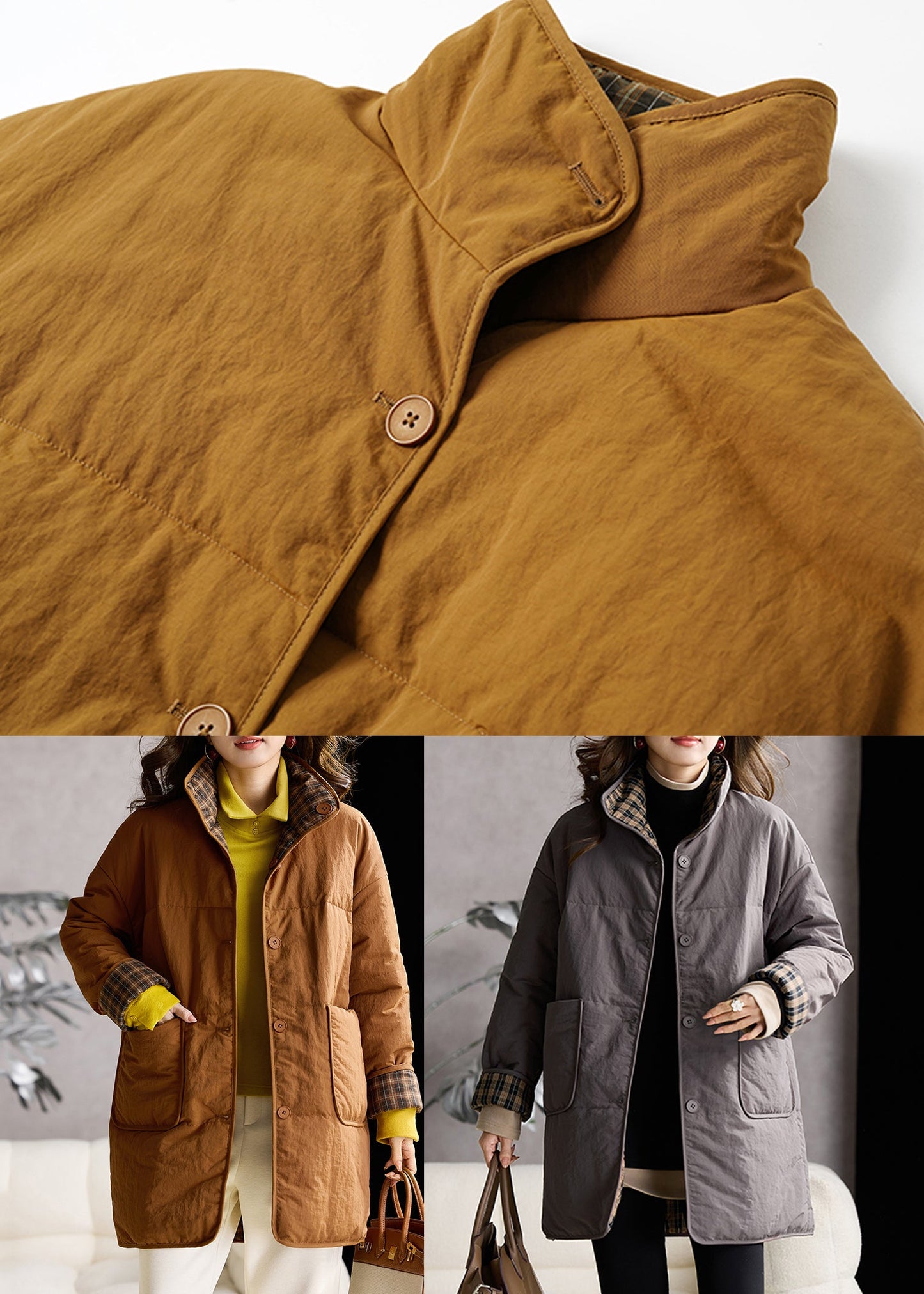 Casual Yellow Stand Collar Wear On Both Sides Fine Cotton Filled Coat Winter